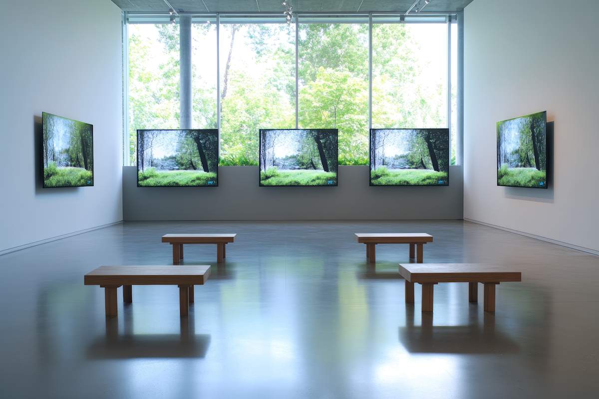 Intervals of Light by Eveline Marceau  Image: A contemplative multi-screen video installation capturing shifting woodland light patterns, inviting viewers into a meditative engagement with time, space, and perception.