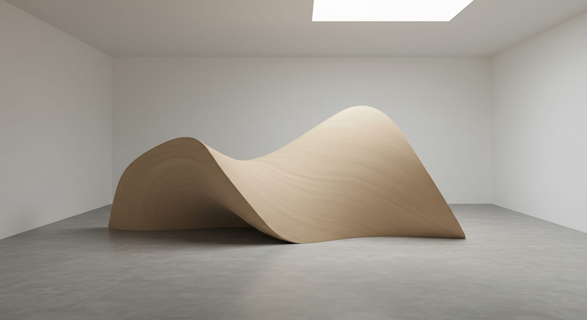 Undulation No. 1 by Sofia Renkov  Image: A single, continuous wave of pale wood arcs and dips across the gallery floor, its surface shifting between light and shadow like a frozen tide.