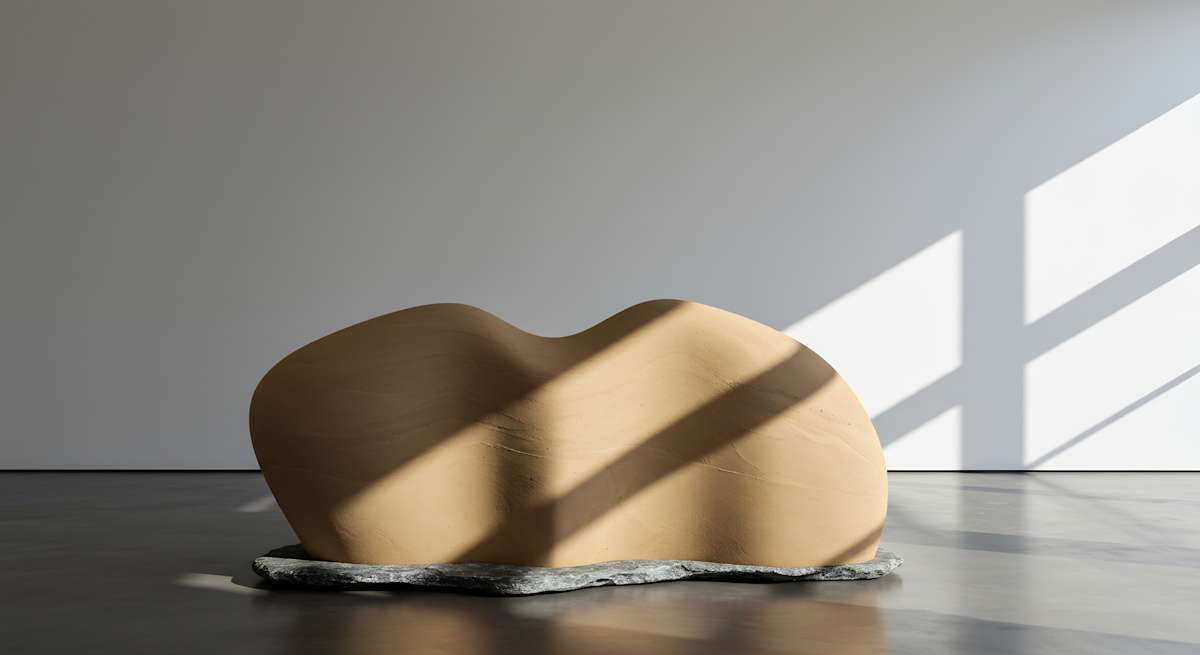 Resting Form by Elena Vosper  Image: Warm sandstone, carved into a gentle, organic form, rests on a foundation of raw bluestone, uniting two stones shaped by different forces and timescales.