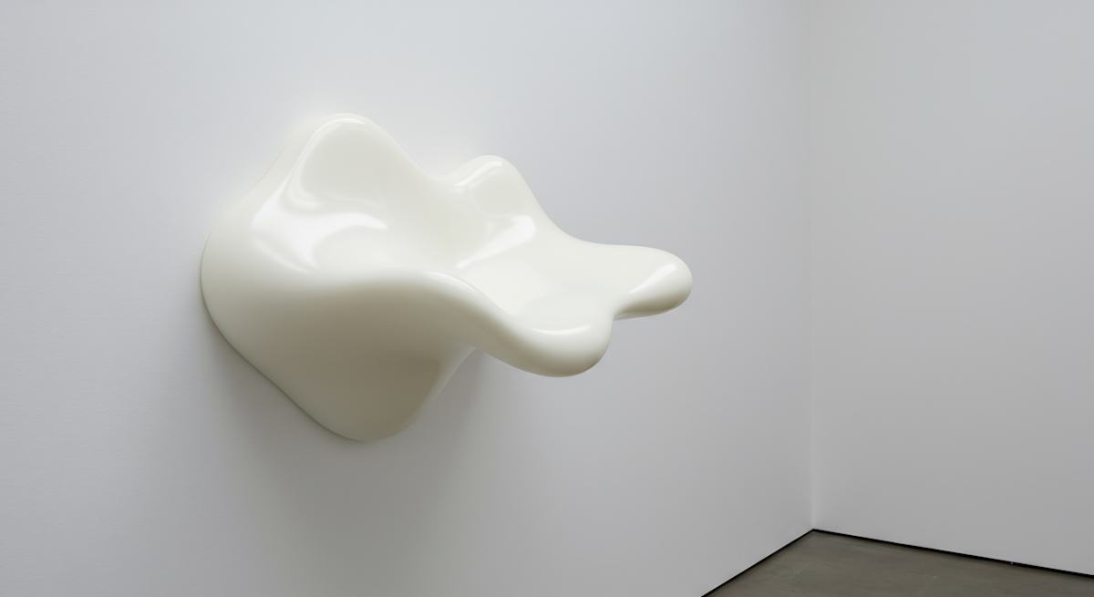 Suspension Study No. 3 by Jonas Merrill  Image: A smooth, undulating form projects from the wall, its polished surface recalling a liquid flow frozen mid-flow, its curves catching the light like liquid made solid.