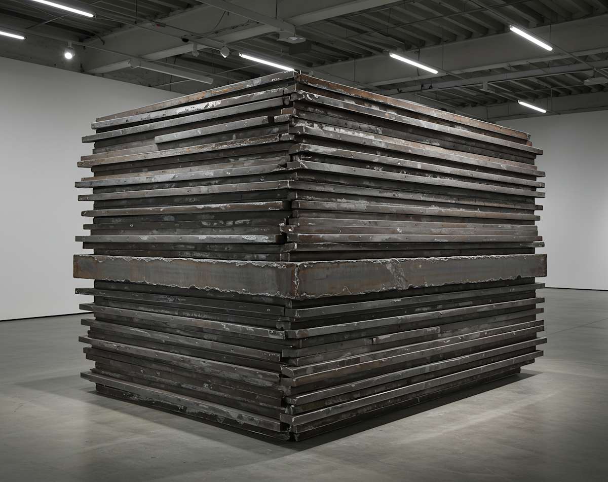 The Weight of All Things  Image: A massive cube composed of stacked, blackened steel slabs, its presence both oppressive and meditative, evoking the condensed memory of labor, industry, and time.