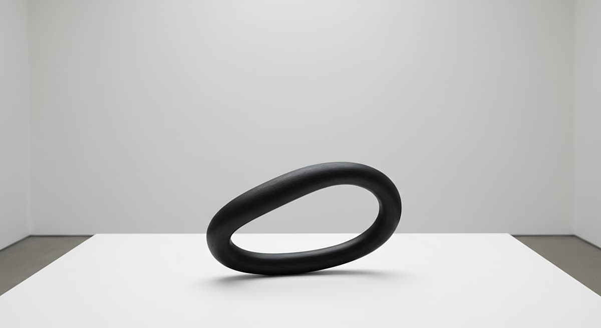 Holding the Void by Marina Holt  Image: A continuous black form rests in perfect balance, its smooth surface and closed loop suggesting both celestial phenomena and framing absence.