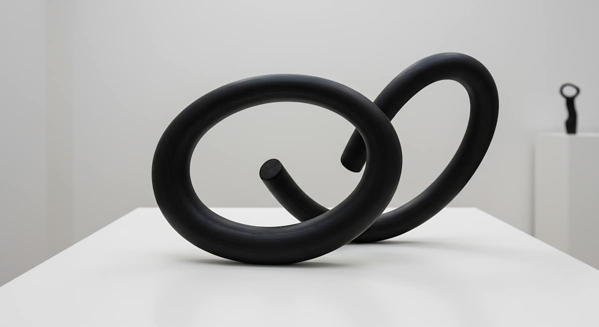 Entangled Orbits by Marina Holt  Image: Two carved basalt loops intersect in space, their paths bending and crossing like celestial bodies caught in mutual pull.