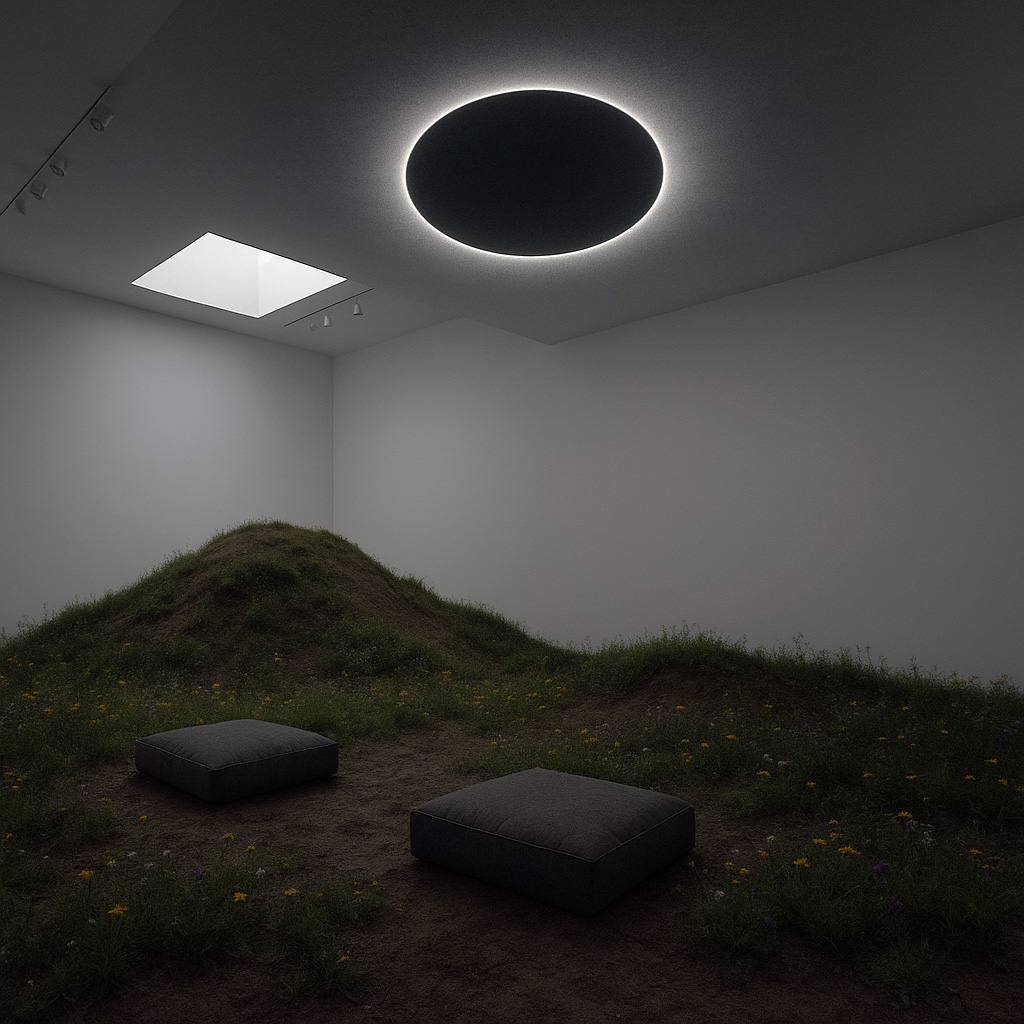 Lunar Field by Alaric Voss  Image: LED light installation, reclaimed soil and native wildflowers, custom ceiling aperture, oak subfloor, noise-cancelling headphones