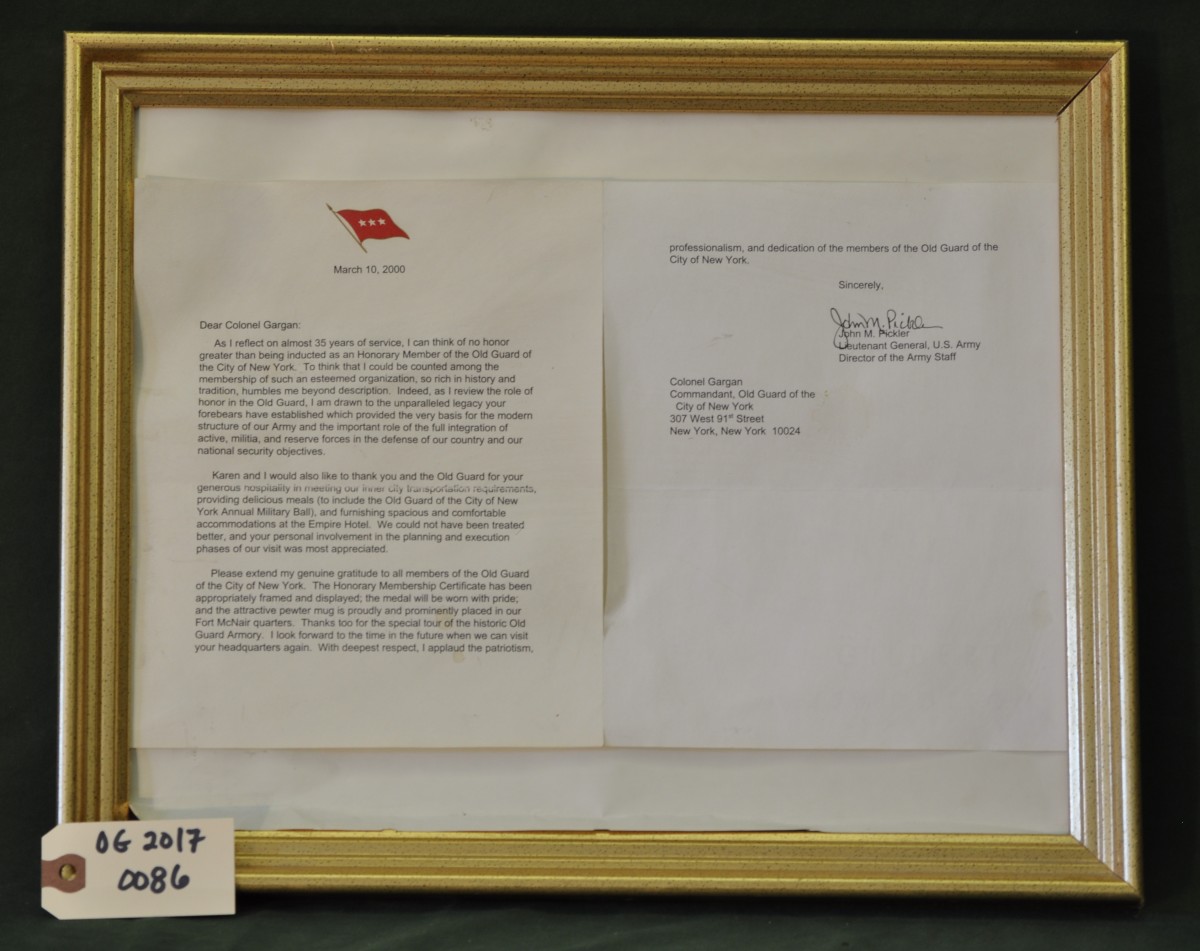 Letter from Lieutenant General John M. Pickler 