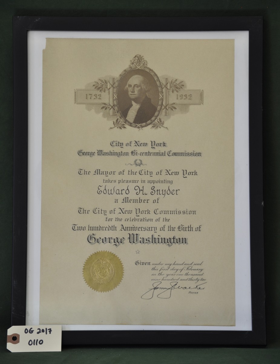 Certificate Appointing Edward H. Snyder as a Member of The City of New York Commission  