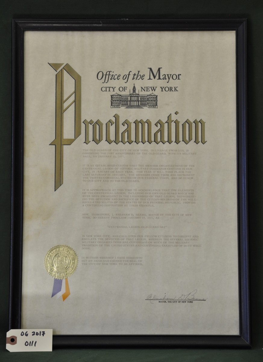 Mayor's Proclamation Making January 29, 1977 'Centennial Legion-Old Guard Day' 