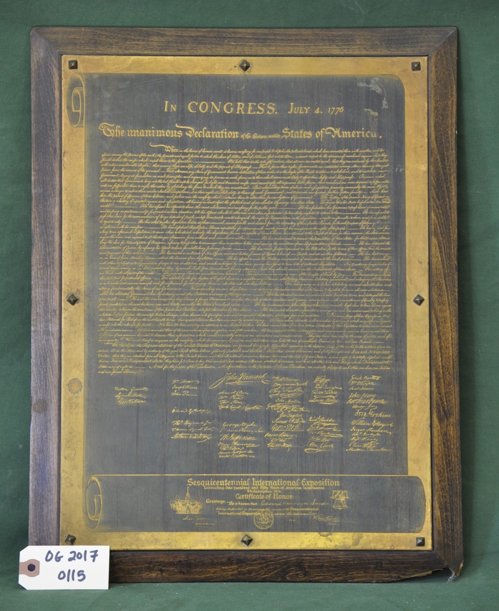 Metal Replica of the Declaration of Independence Presented to Edward Havemeyer Snyder 
