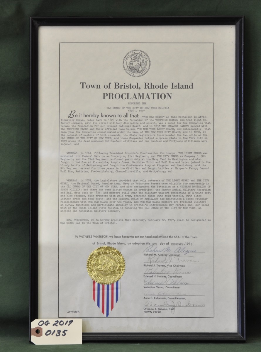 Proclamation from the Town of Bristol, Rhode Island Honoring the Old Guard 