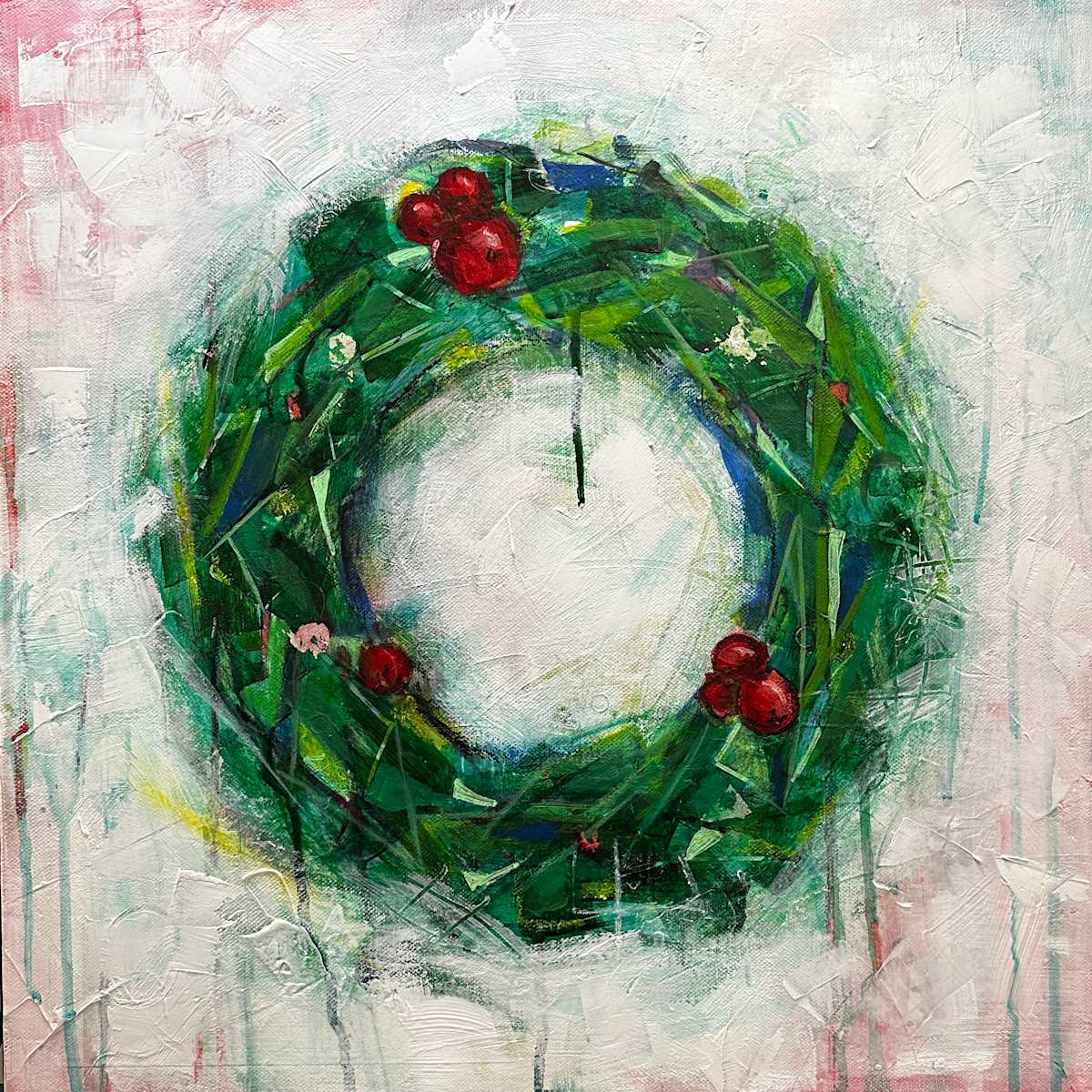 Holiday Garden: Christmas Wreath by Jodi Gaines  Image: Holiday Garden: Green Christmas Wreath - Original Acrylic and Oil Painting by Jodi Gaines