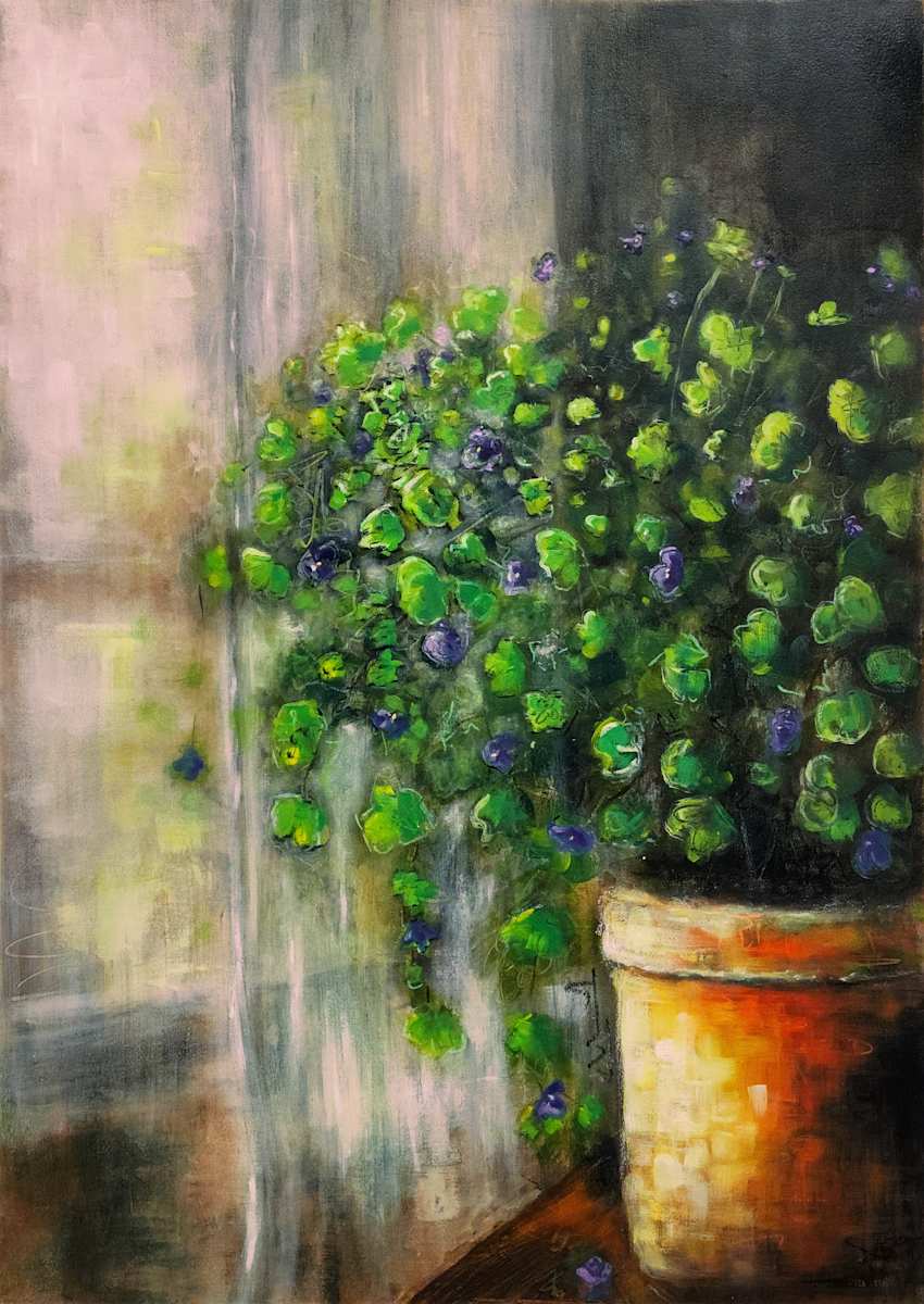 Between Curtain and Sunlight by Jodi Gaines  Image: Between Curtain and Sunlight by Jodi Gaines. Blue Green Plant in Window with curtain, backlight by sunlight. Mixed media on paper.