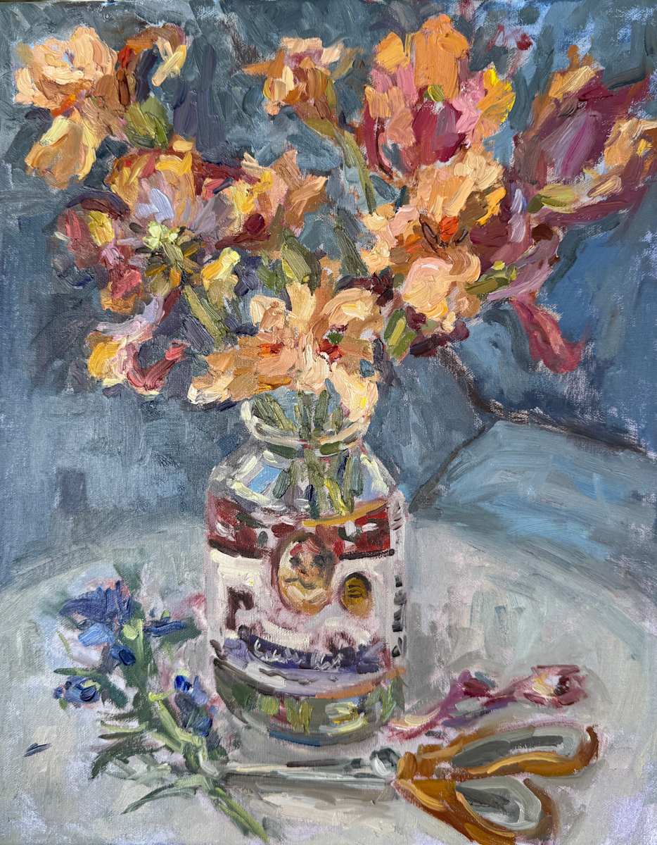 Irises In Pasta Jar by Sara Rae 