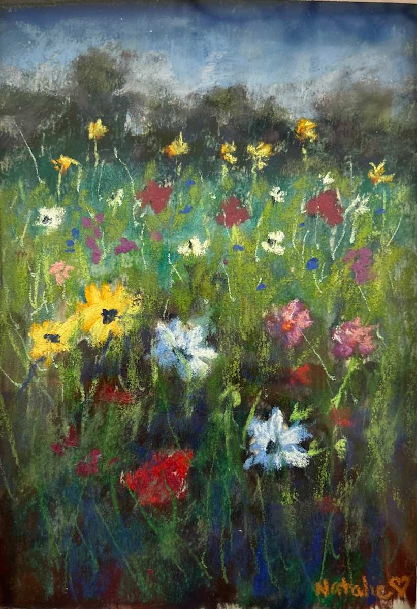 Wildflower Rhapsody by Natalie Campbell  Image: 5x7 pastel of wildflowers in a meadow. Matte and frame.