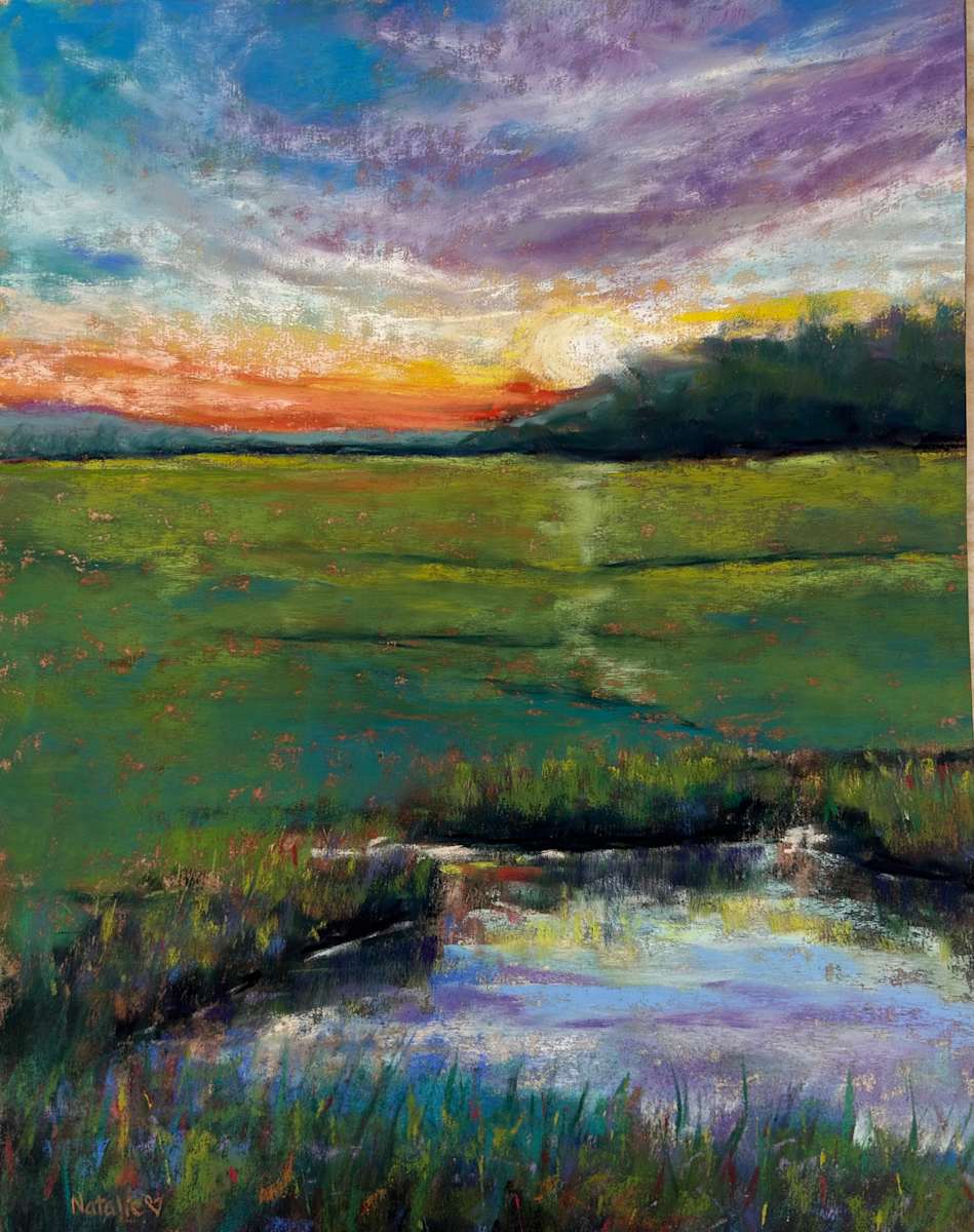 Dusk Magic by Natalie Campbell  Image: 9x12 Pastel colorful dusk at marsh 2025 Natalie Campbell