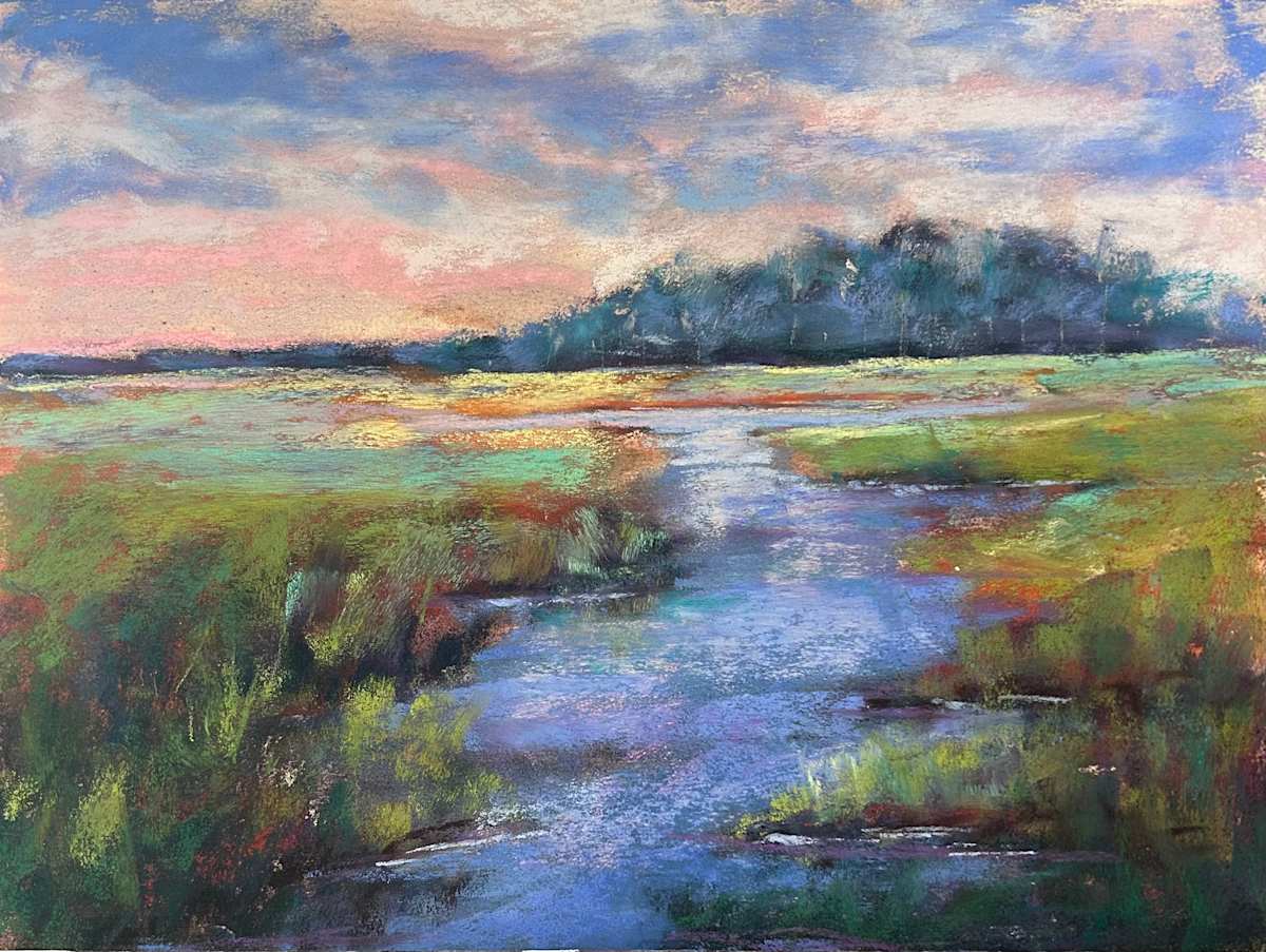 NC Marsh Sunset by Natalie Campbell  Image: NC Marsh, Pastel 15x17.5 Natalie Campbell  Turquoise frame