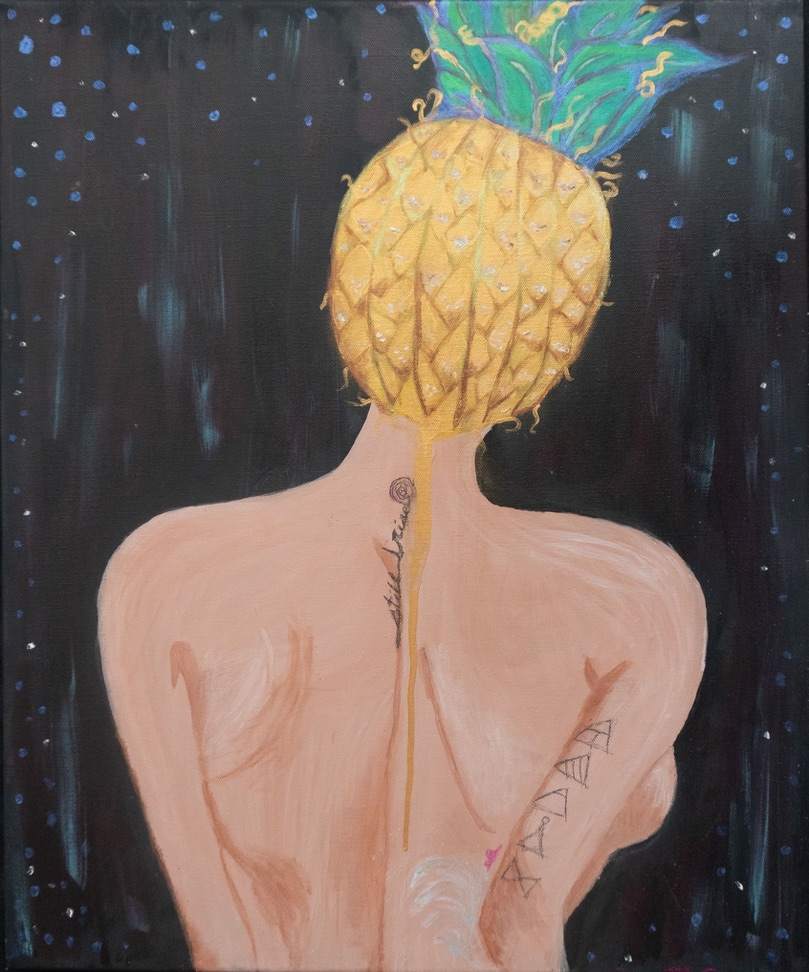 Pineapple Princess by Genevieve Ramos  Image: "A spine like a thread, unraveling. A body turning, not away, but toward itself. No permission granted, none required. Genevieve Ramos paints the fracture, the bloom, the knowing. 
What is disability but a different shape of time? 
Her work lingers in thresholds. The space between body and root, bone and flower, past and present. She paints herself, she paints Frida. Both of them—unapologetic, unbearable in their existence. Not symbols. Not martyrs. Just color….. form….. a refusal to be erased. The spine emerges, a roadmap of what has been lost, or gained, or simply altered. There is no before. There is only what is."
-Matt Bodett