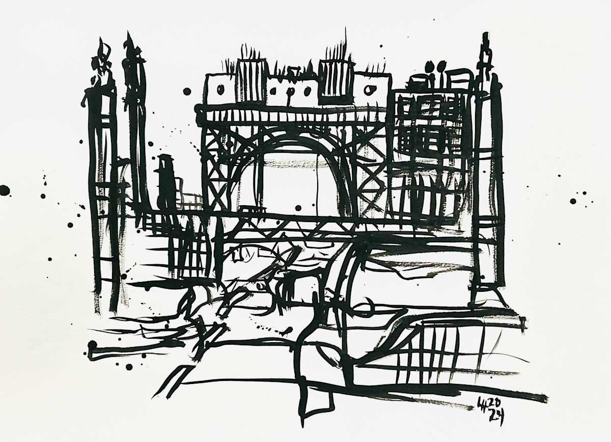 City Bridge by Ladianne Henderson  Image: City Bridge by Ladianne Henderson.  Ink on paper. 24x18 in. 2024.