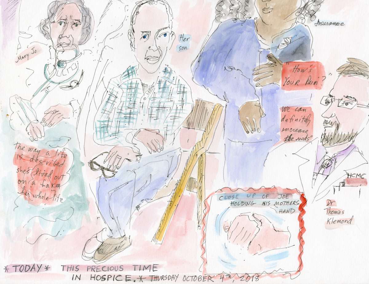 11 pm Hospice by Anita Inez White  Image: I ended my series of drawings symbolically near midnight with hospice. In mid October 2018 I was able to draw this poignant scene of a woman at the end of her life. She was carefully looked after by her doctor. It was a poignant scene as her son sat with her and she remarked that it would be such a nice day in the woods. She died soon after this drawing was made.