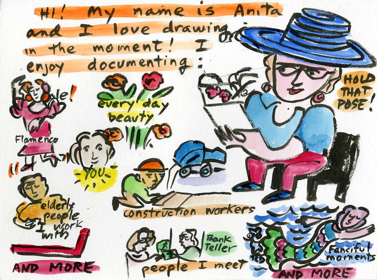 Can I Draw You? by Anita Inez White  Image: Can I Draw You? is how I like to introduce myself to others as a way of showing who I have drawn (flamenco dancers, construction workers, medical moments etc. and that I would like to draw them!