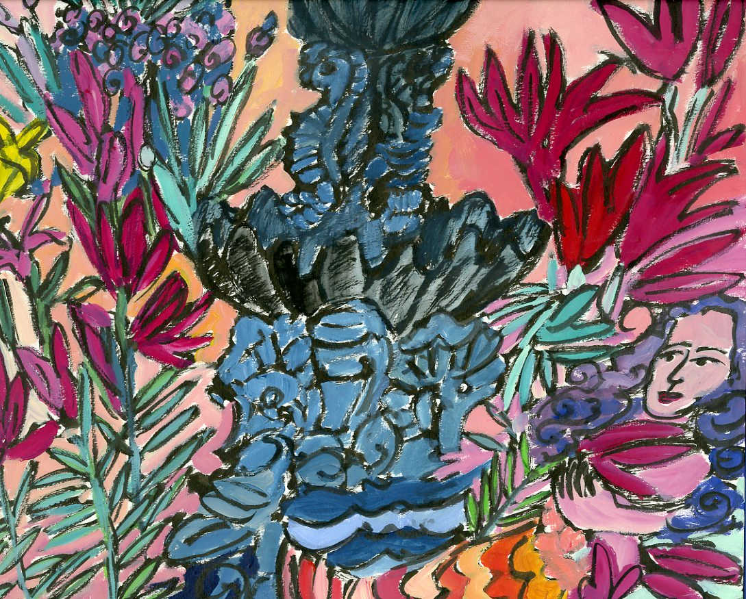 Mermaid By Fence by Anita Inez White  Image: Amid the flowers a mermaid drifts by the seahorse fountain in my neighbor's yard.