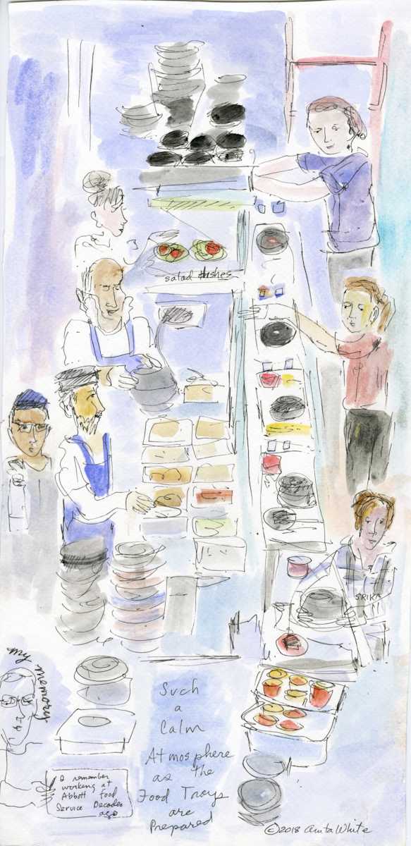 11am Tray Line by Anita Inez White  Image: I was able to draw down in the kitchen and draw the tray line as trays were prepared for patients on all the floors.