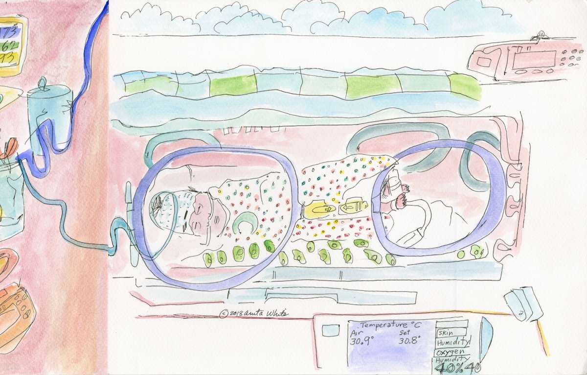 1 pm NICU by Anita Inez White  Image: My drawings for 1 pm took place in NICU the neonatal unit where premature babies were looked after by a competent and compassionate staff. My heart broke several times as I sat near the small basinets that held these fragile lives. The dedicated staff surrounded these tiny lives with care, love and devotion. One nurse told me a baby was born that weighed as much as a can of pop.