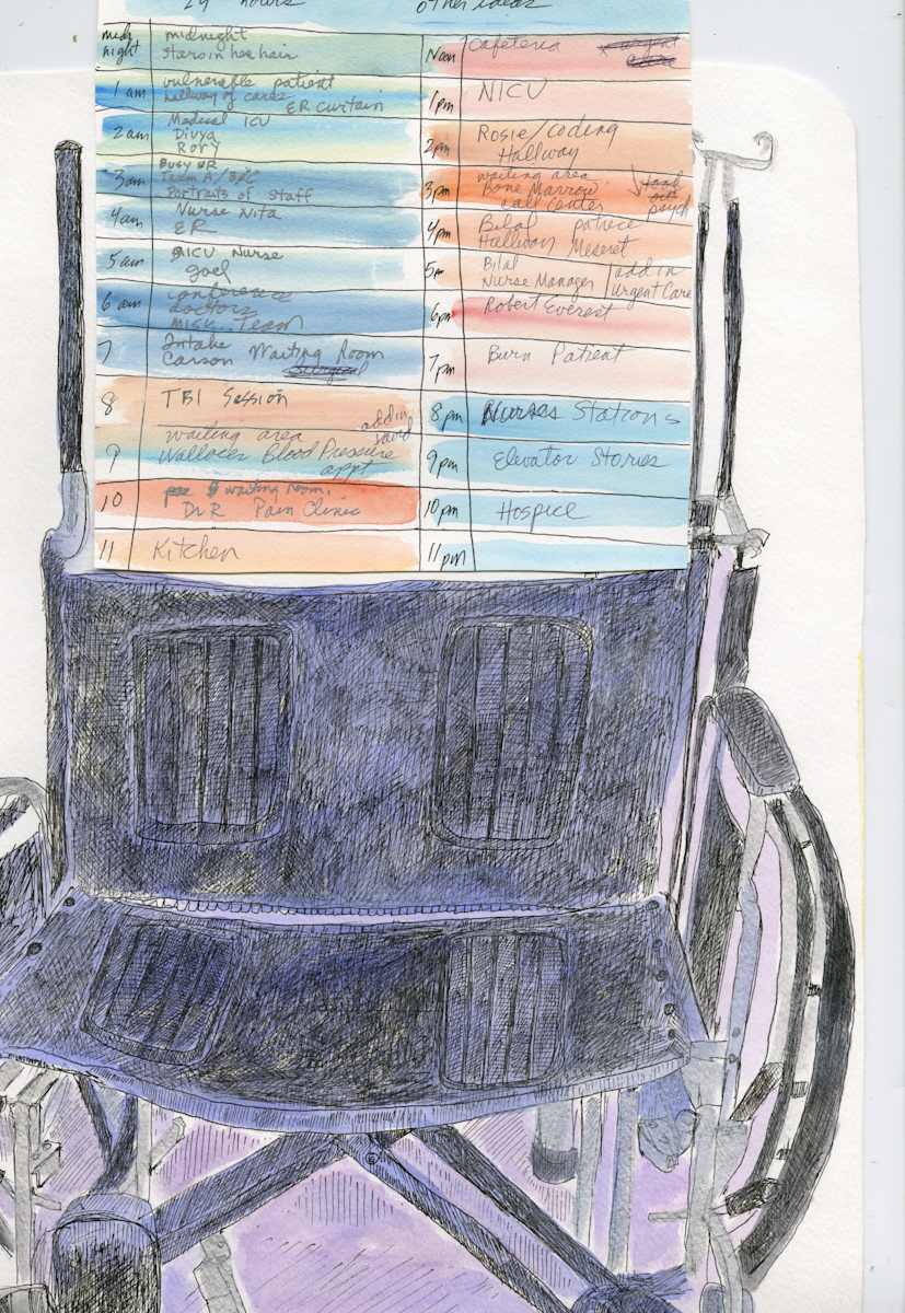 A Day in the Life of Hennepin Healthcare by Anita Inez White  Image: A familiar hospital object that opens this series of drawings done to document a Day in the Life of Hennepin Healthcare. This is from a series of drawings done from March 2018 to June 2019 that cover 24 hours of a hospital day.