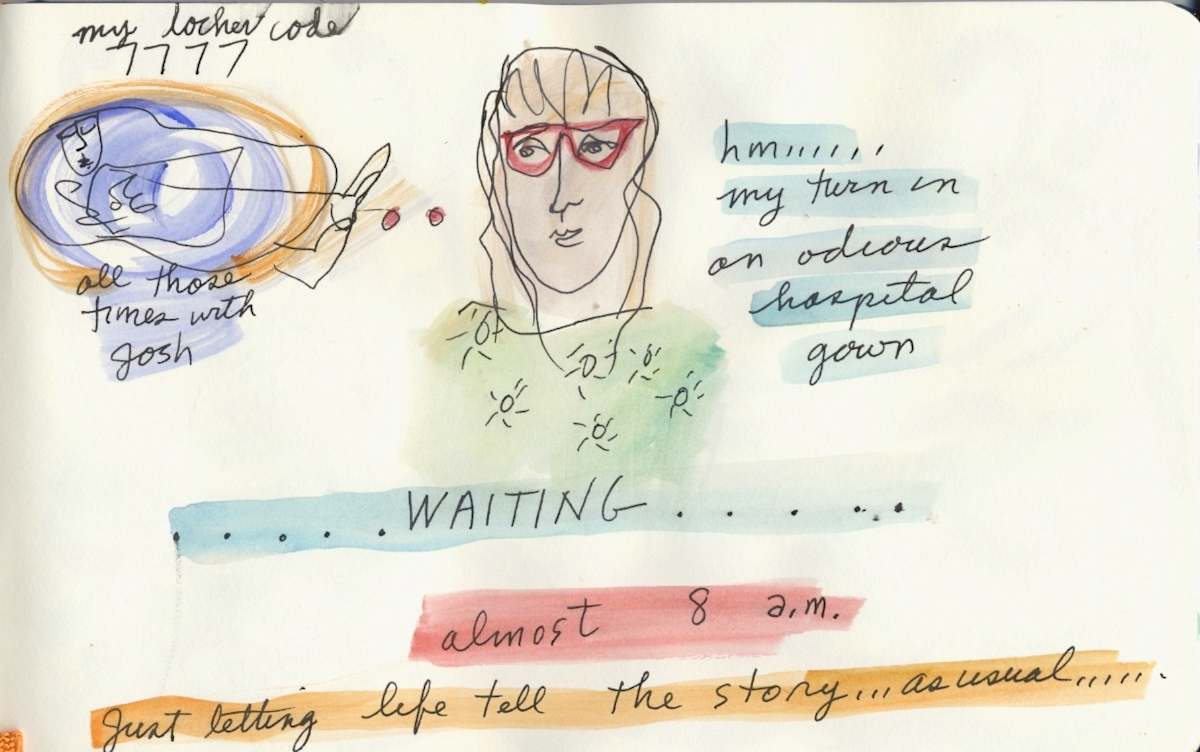 Waiting by Anita Inez White  Image: Here I am waiting for my MRI wearing an odious hospital gown and remebering all the times my late husband wore one during his many medical crisis and needs in ER and the hospital