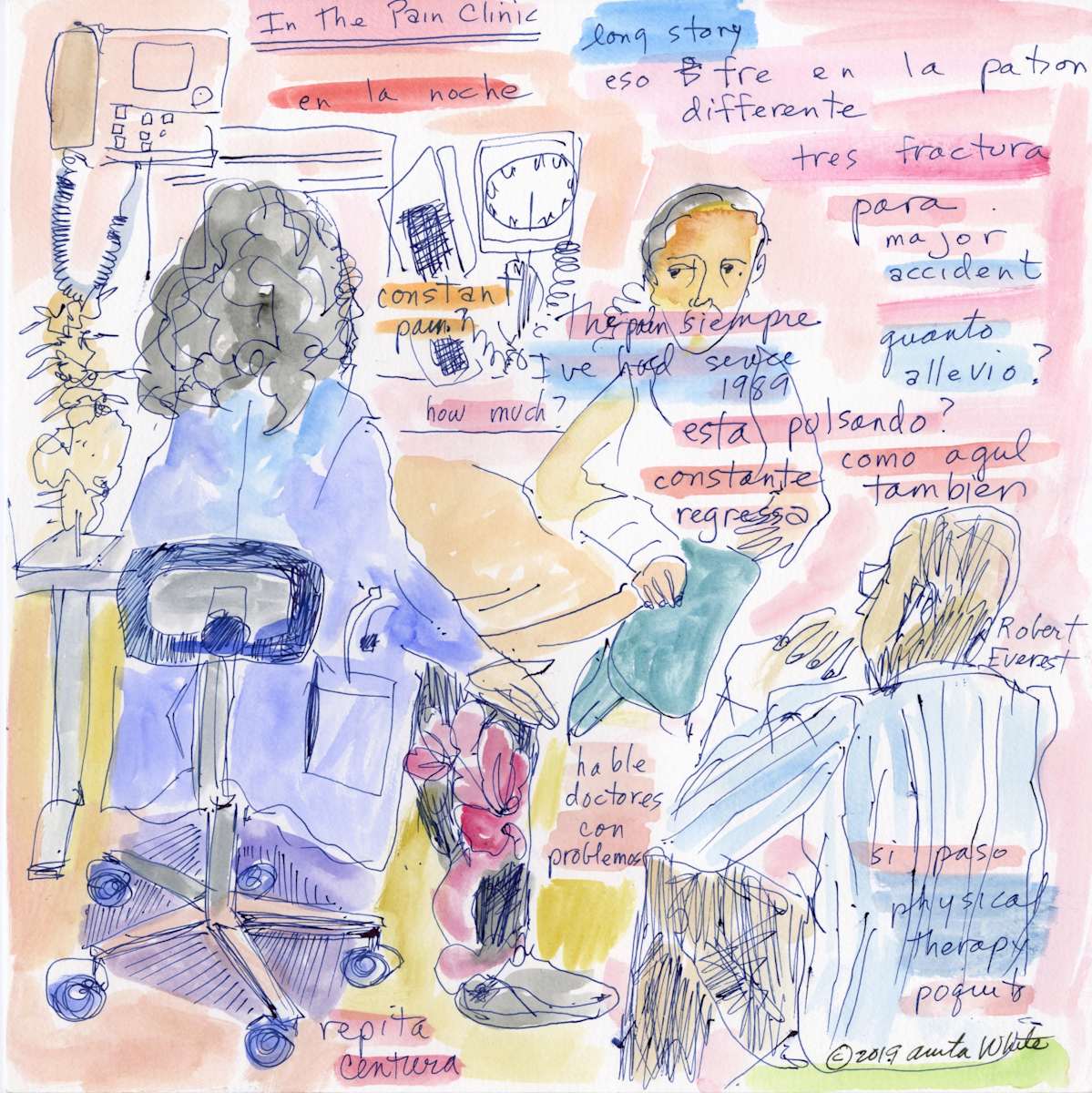 6 pm Robert Translates by Anita Inez White  Image: This drawing honors the complexity of Robert's work as a translator. He moves between clinics effortlessly and often ends up in ER as well. He translates back and forth from medical terminology to how a patient is feeling.