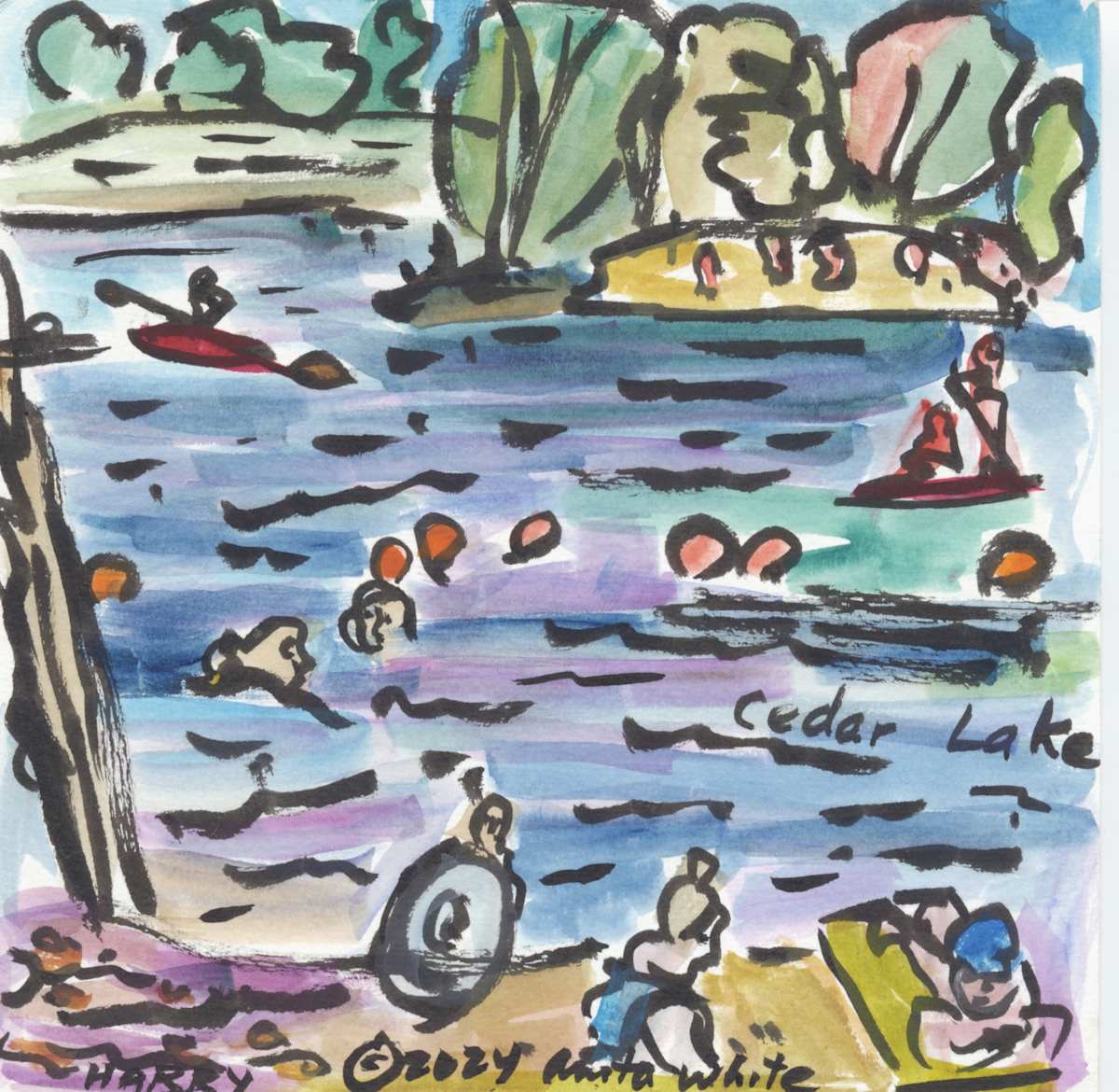 Cedar Lake by Anita Inez White  Image: Painted in one of those effervescent moments of summer when the sun is bright, the water is cool and all is in beautiful harmon