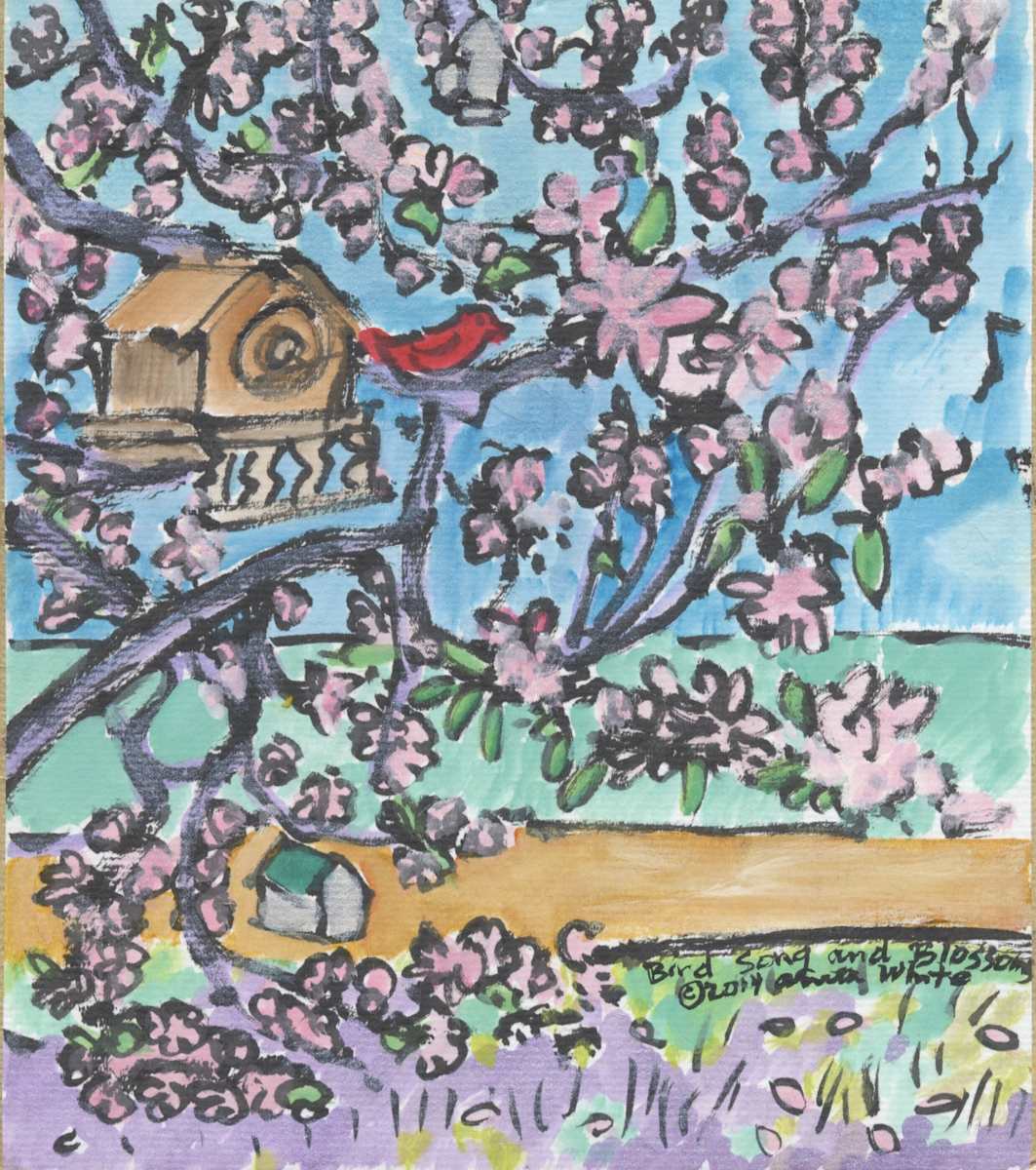 Crab apple tree in blossom with birdhouse by Anita Inez White  Image: A charming piece drawn and painted in the moment
