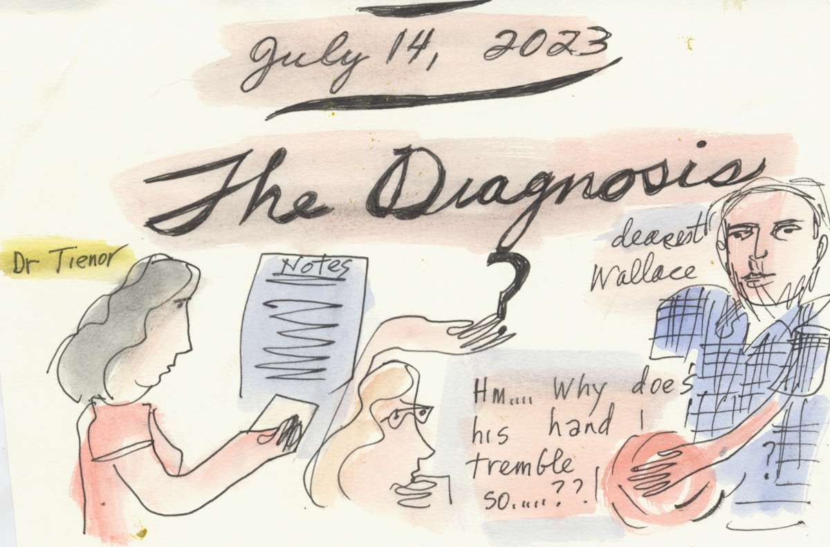 The Diagnosis: July 14, 2023 by Anita Inez White  Image: This is the title piece for my drawing of how we first learned he had Parkinsons.