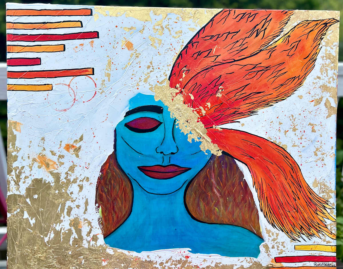 The Phoenix by Rachel Clites  Image: Painted in bed during a very bad episode with my illness. Through the burning nerve pain my mind kept thinking of the mythical Phoenix, and how nothing not even the fires of death could stop it. I made a decision, and picked up a brush.  I’m going to keep rising from these falls like a phoenix from the ashes.
