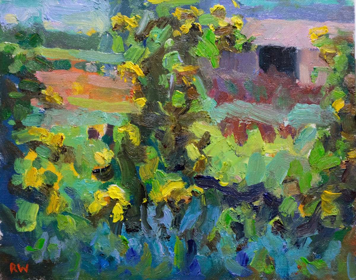 Sunflowers with Barn by Rick Worthington 