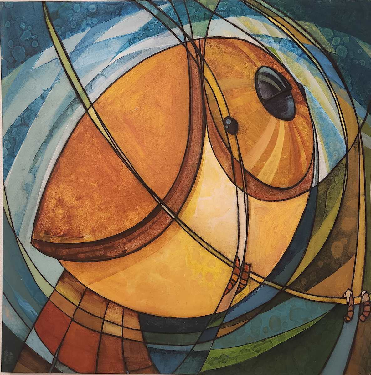 Fat Sparrow by Tony Hyden  Image: "Fat Sparrow" a 40 by 40 inch stylized acrylic fine art painting of a cropped-in bird sitting on a branch represented in fractal colors. Colors include shades of burnt orange and pale yellow for the bird and shades of teal for the background.