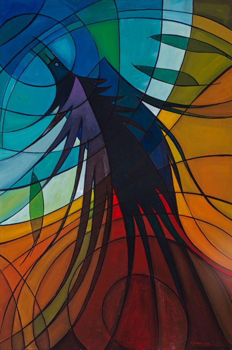 The Mighty Grackle by Tony Hyden  Image: fine art painting depicting an abstract grackle bird surrounded by a full spectrum of colors 