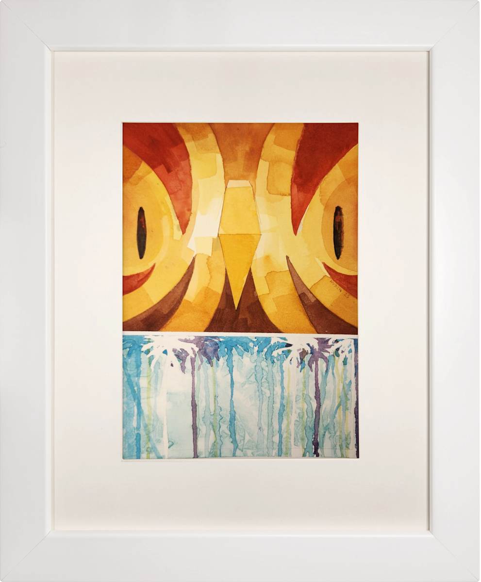 Hoo Number Two by Tony Hyden  Image: framed stylized contemporary painting in watercolor of an owl's face in red, orange and yellow over an image of a forest in blues, white and purple