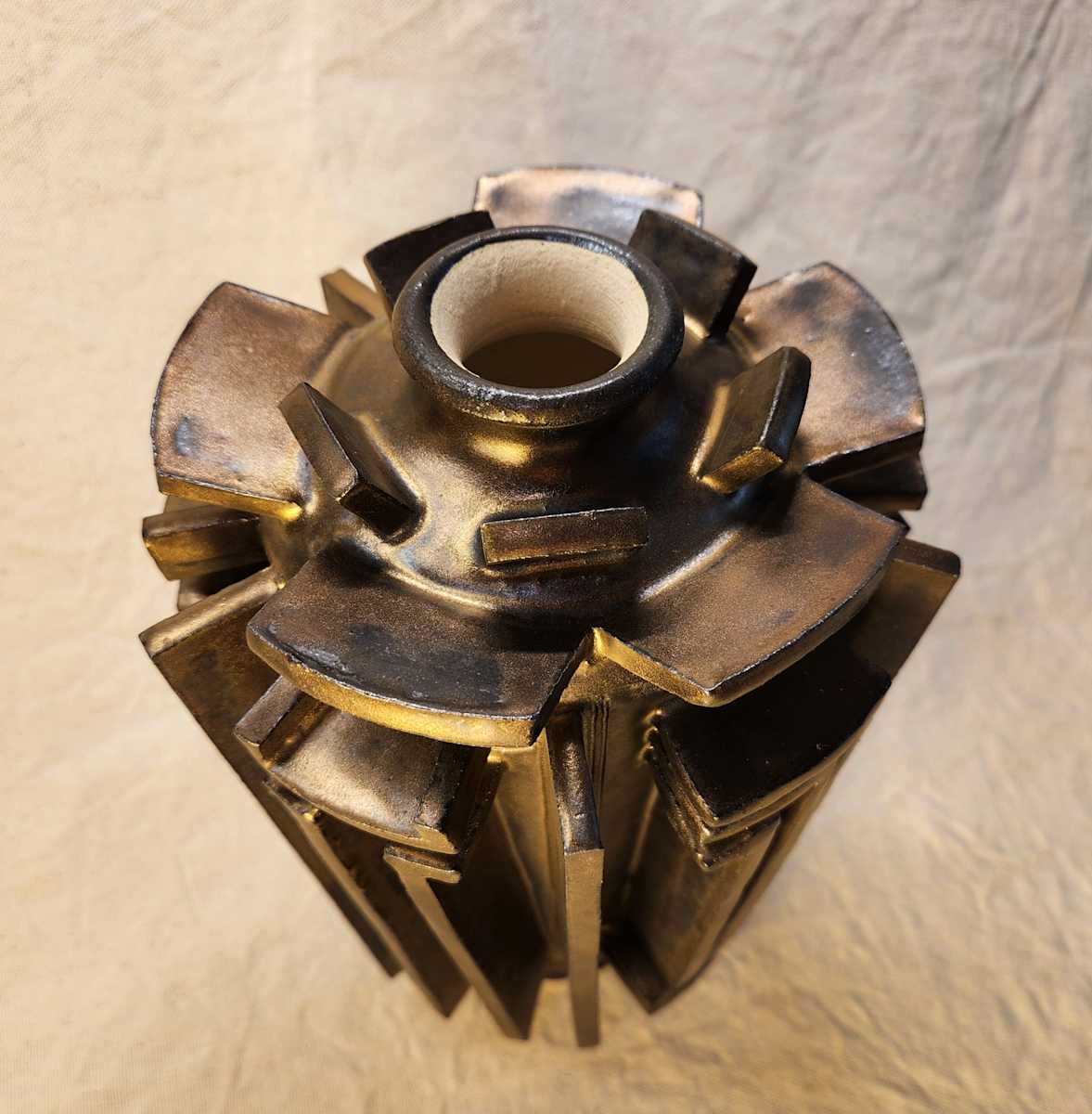 Bronze Assemblage Vase II by Tony Hyden  Image: contemporary ceramic sculptural vase glazed bronze - top view