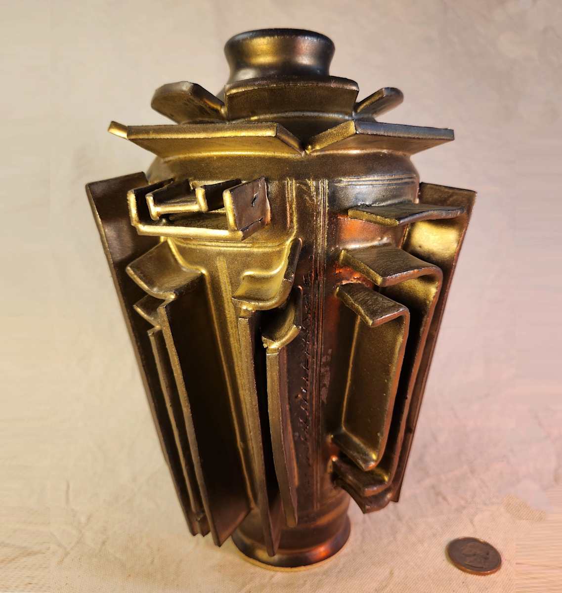 Bronze Assemblage Vase V by Tony Hyden  Image: contemporary ceramic sculptural vase glazed bronze - to scale