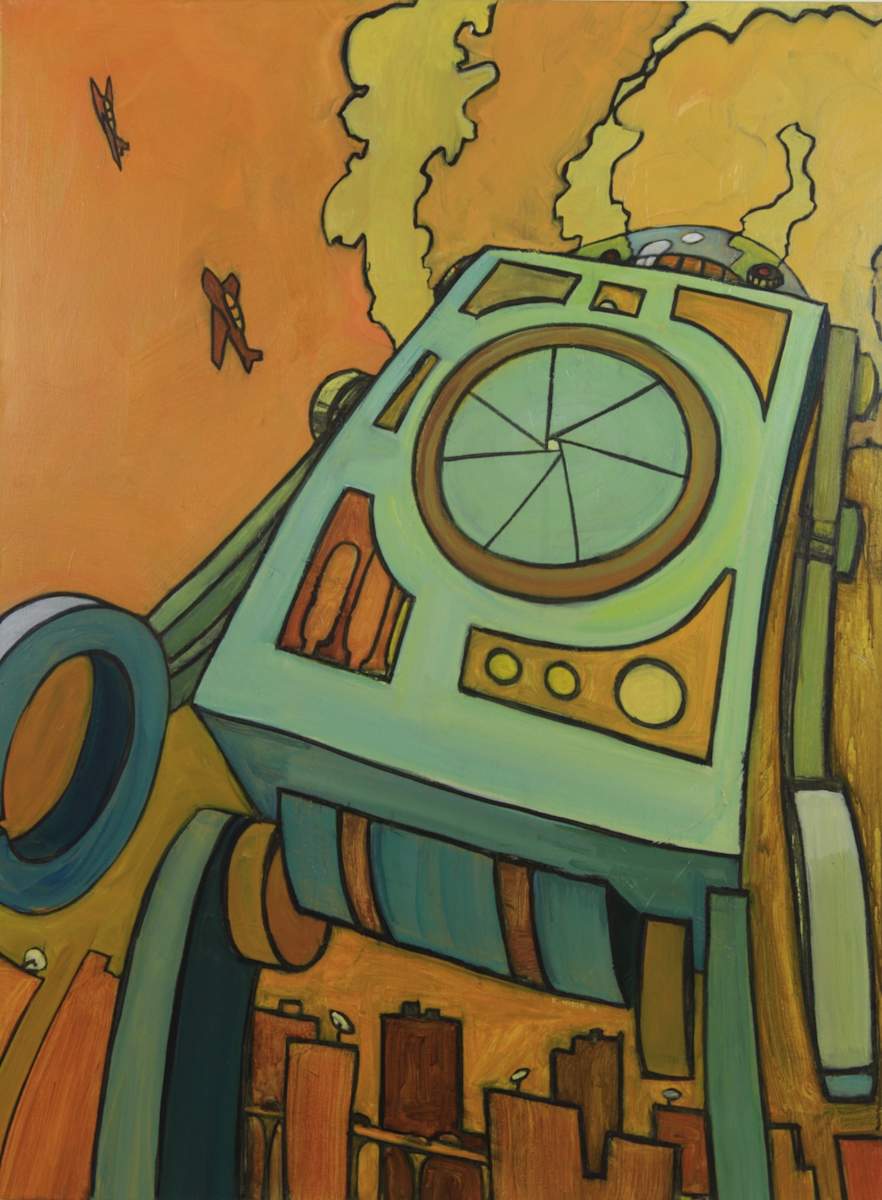 Retro Runaway Robot by Tony Hyden  Image: painting of a giant robot with fighter jets overhead
