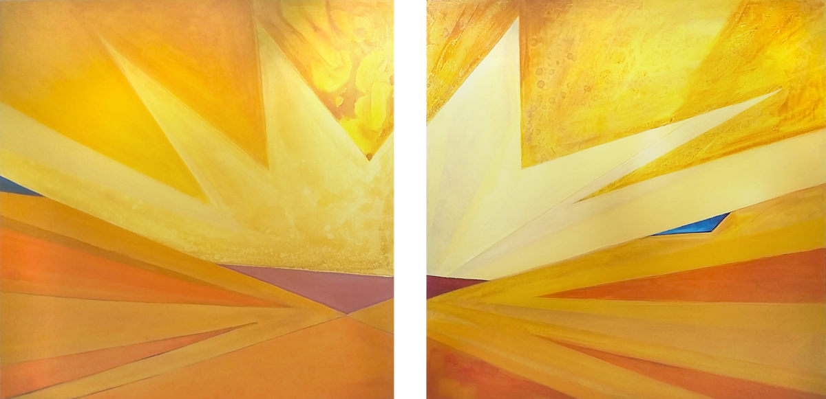 Sunrise Kitty Diptych by Tony Hyden  Image: large acrylic diptych painting on canvas of a stylized cat's face