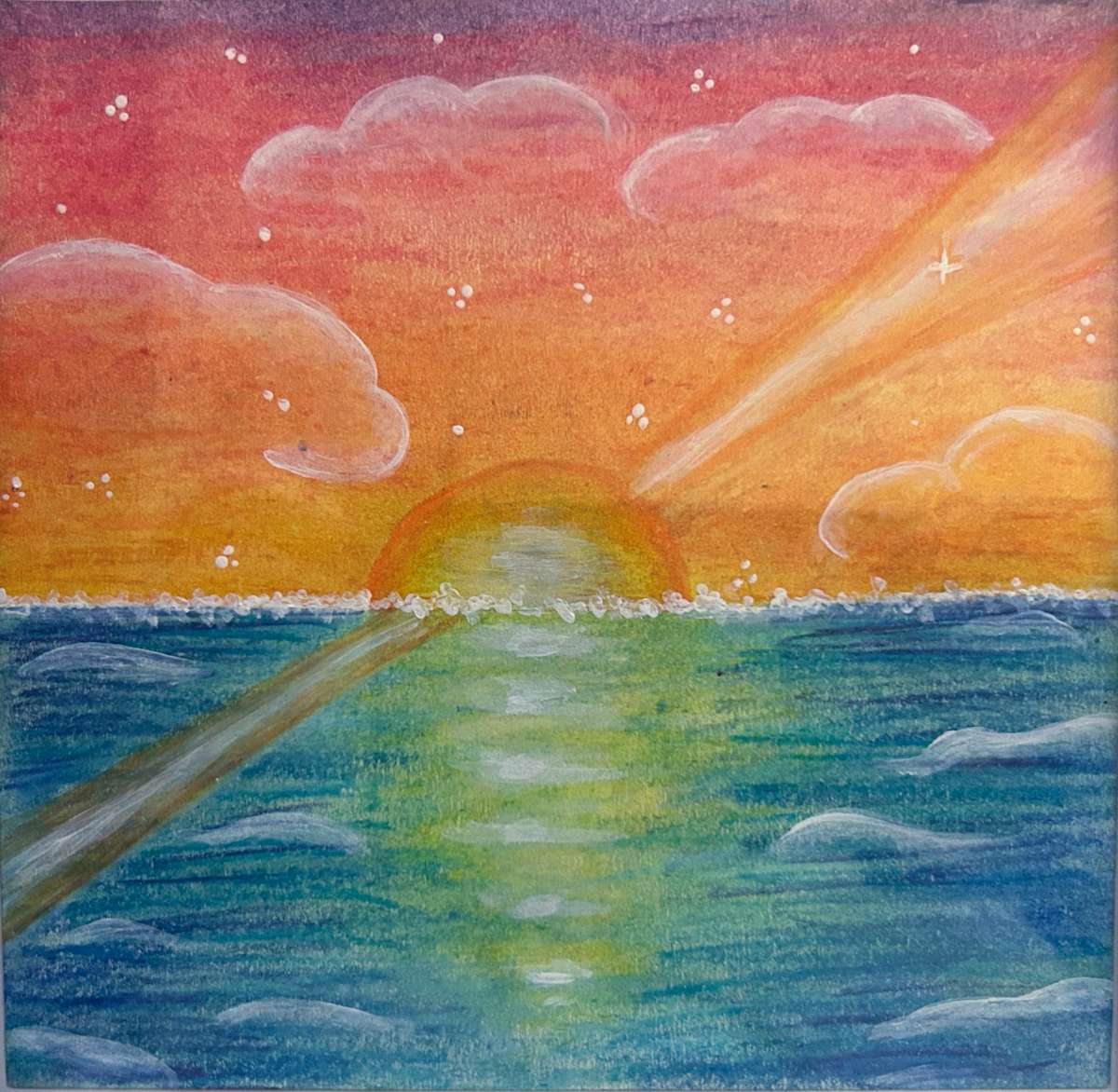 The Ocean Wears the Sun by Madison Green  Image: A sunset that doesn’t fade but plays, red and orange laughter spilling across a blue sea.