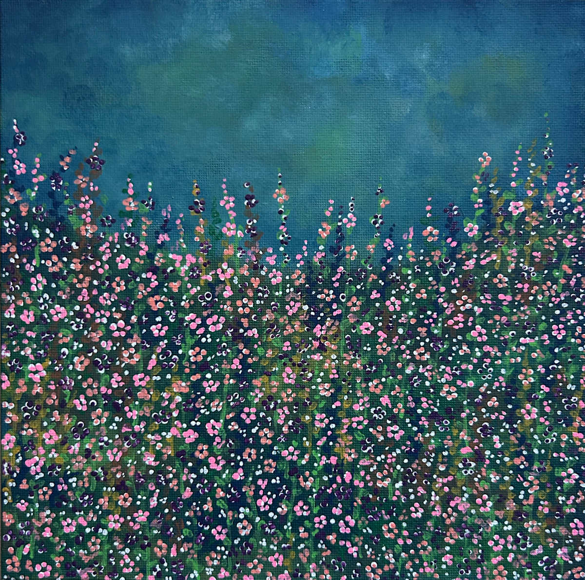 Evening Garden Chorus by Madison Green  Image: Soft flowers stretch upward, illuminated against the cool embrace of nightfall.