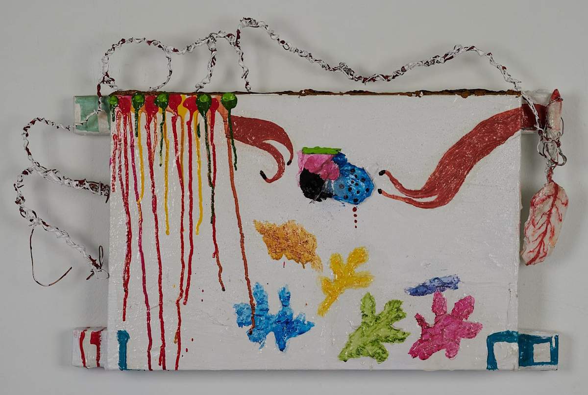 Juice Box by Lisa Petsu  Image: Juggling motherhood and painting. This In-Between was made with my  kid's recycled juice boxes and my encrusted palette knife. 