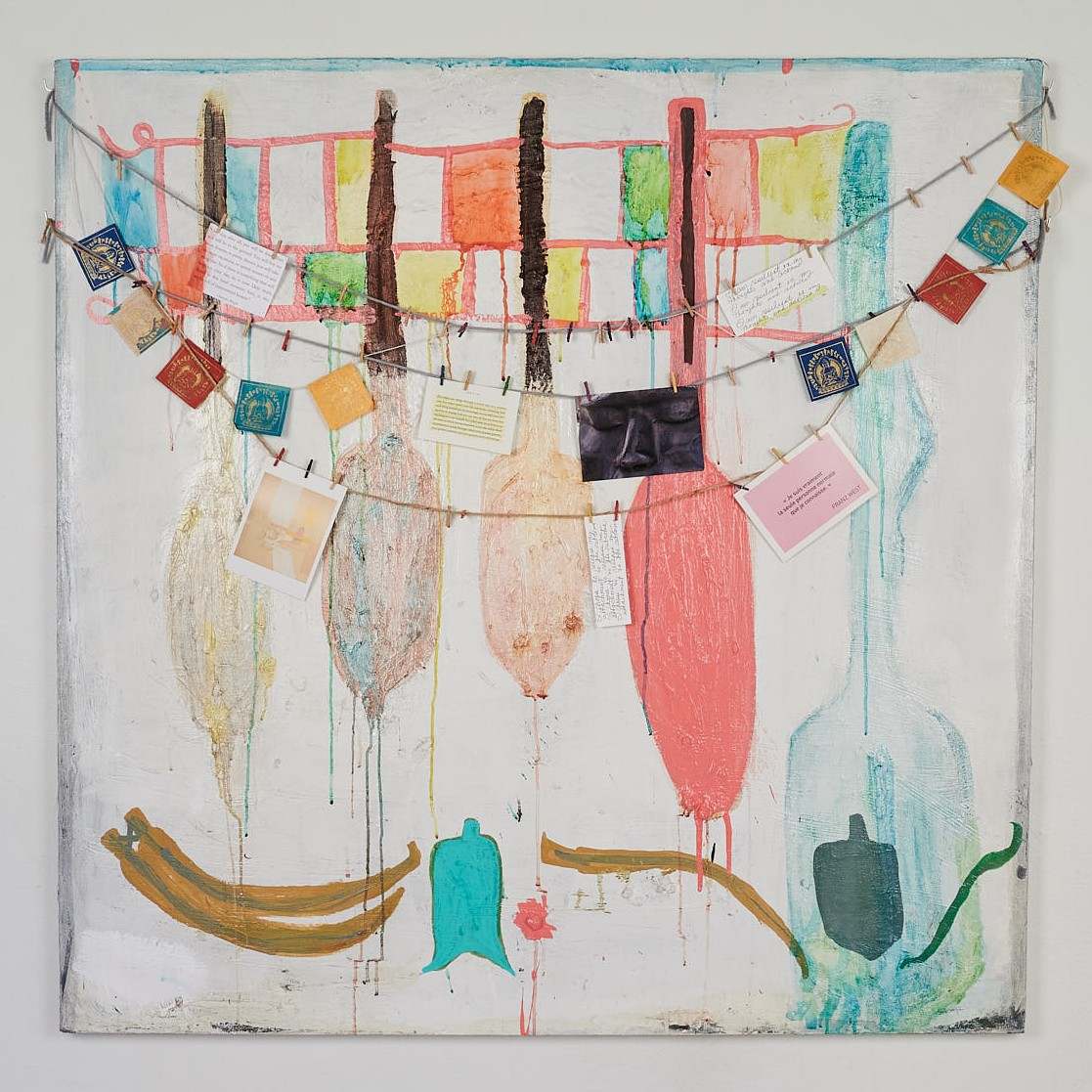 Oars/The Journey by Lisa Petsu  Image: A living wall.  A visual journal and perfectly imperfect diary entry over time marked by layers of paint and personal objects.  Begun in 1998 and reworked in 2024. 