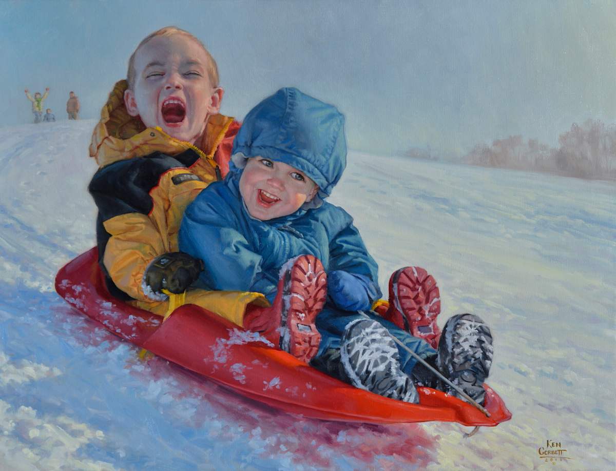 Ahhhh -  Boys Sledding by Ken Corbett 