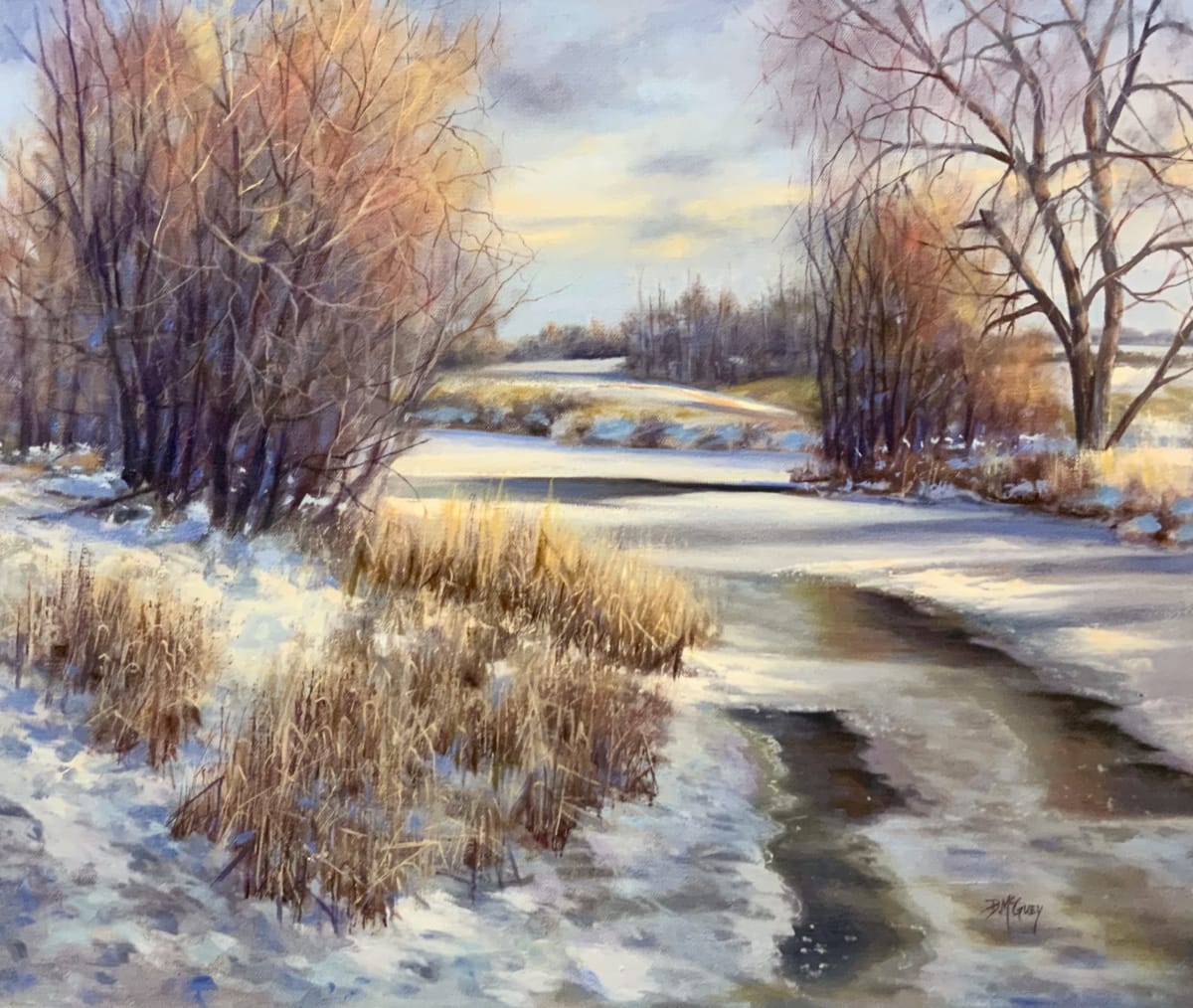 Freshet Beginning by Barbara McGuey  Image: A location called Hoards Landing near Stirling Ontario. The light near sundown is soft and the mood is quiet. Thoughts of the coming season are on the horizon!