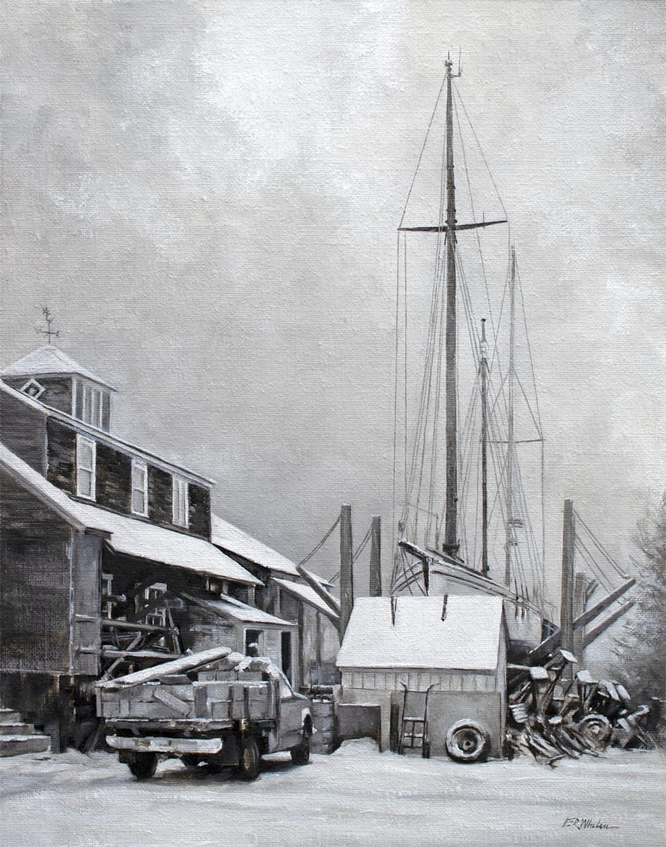 A Break in the Storm - Gannon & Benjamin Marine Railway by Elizabeth R. Whelan  Image: A winter snowstorm takes a breath and reveals sailboats in storage on the marine railway beside the beach boat shop at Gannon & Benjamin in Vineyard Haven, MA, with the old shop truck parked up front.
