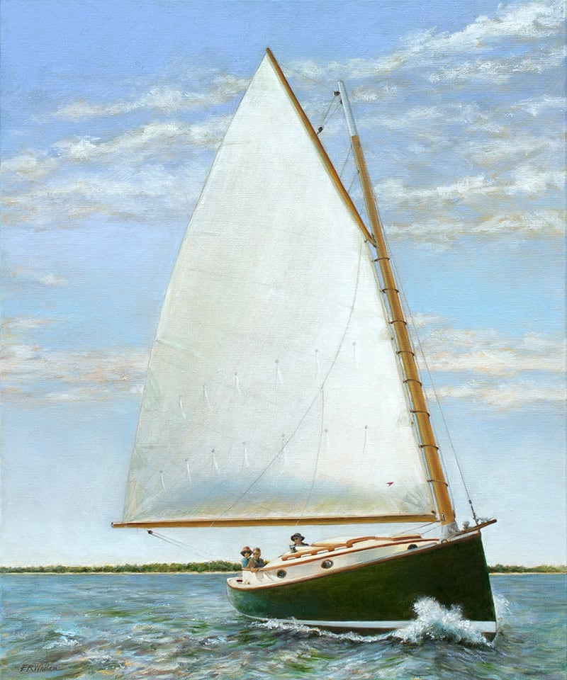 Catboat - Solution by Elizabeth R. Whelan  Image: Commissioned painting of 'Solution', a Marshall Marine 22-foot catboat sailing the Sound.