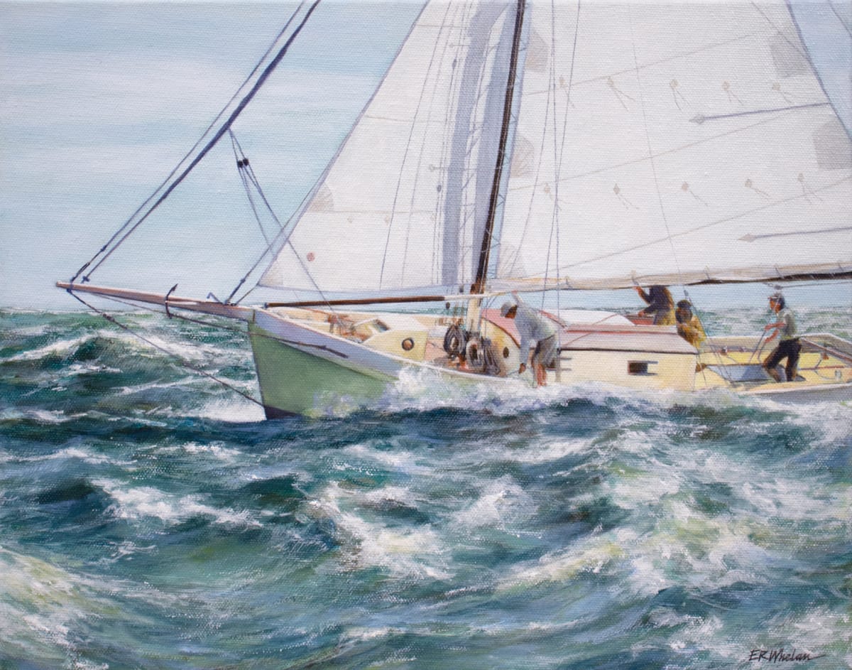 Mary Eleanor - Vineyard Haven by Elizabeth R. Whelan  Image: The 32' Bahamian smack Mary Eleanor charges ahead despite the chop during the Pat West Gaff and Schooner Race in the Vineyard Haven harbor. This is one of my favorite Island boats, and I am always delighted to see it under sail.